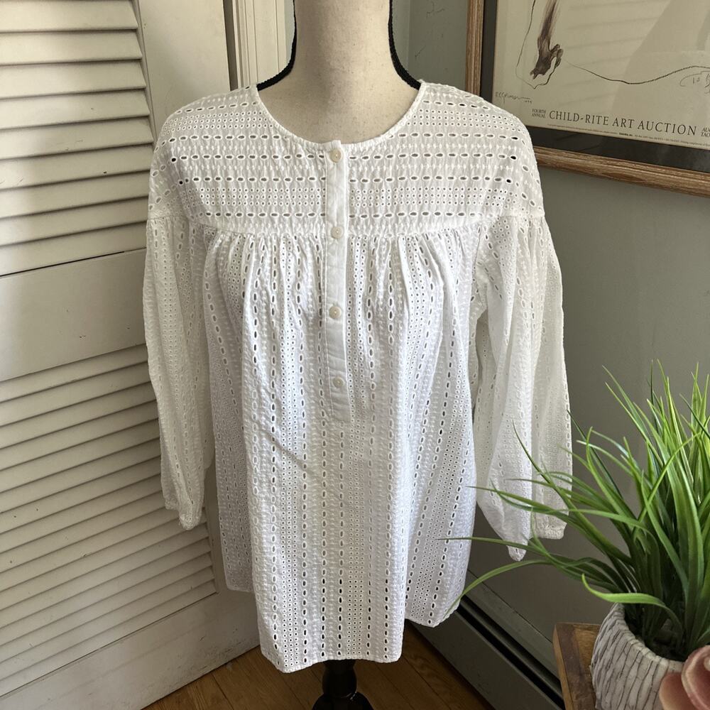 J McLaughlin Top Womens Large White Cotton Tunic Eyelet Preppy Boho Chic